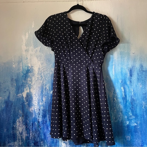 Express Navy Polka Dot Midi Dress - Picture 1 of 8